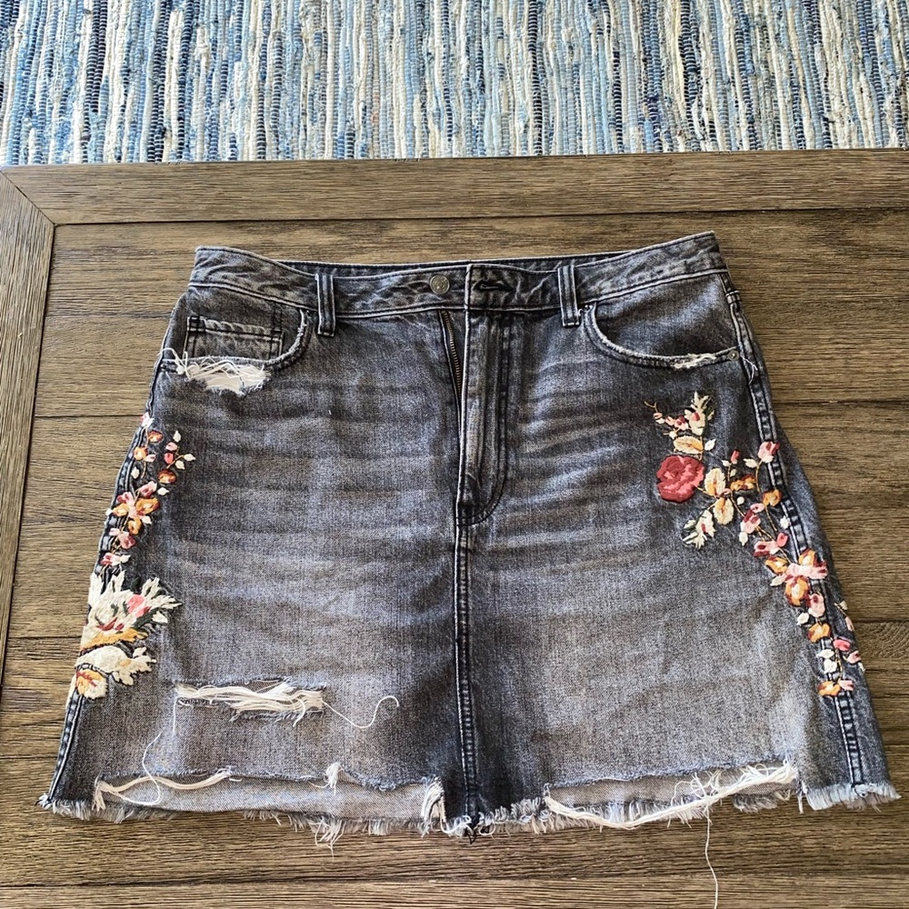 Black Jean Skirt with Floral Details